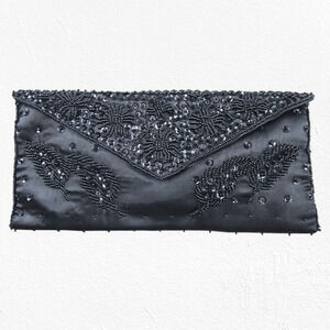 Vintage 50s Black Beaded Satin Evening Clutch Made in Japan Floral Cocktail Bag